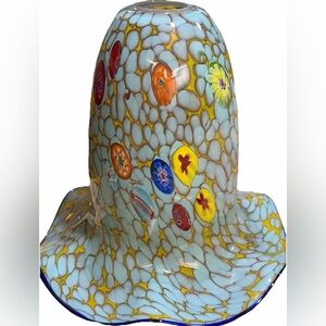 Murano Style Glass Lamp Shade Aqua Blue Millefiori Ruffled  9”x 9.5”